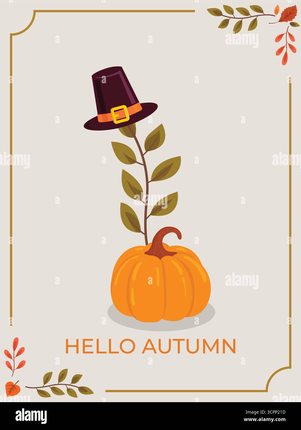 Design di saluto autunnale con zucca, cappello da pellegrino e foglie di stagione. Ideale per eventi autunnali, il Ringraziamento e le feste. Illustrazione Vettoriale