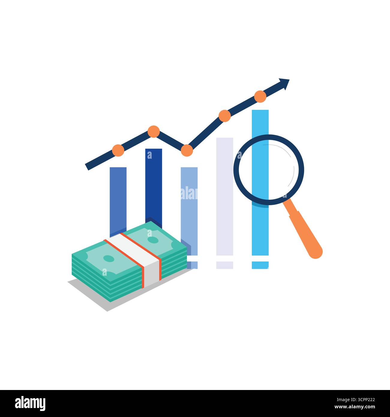 Illustrazione vettoriale del contante impilato con grafico a barre, grafico a linee e lente di ingrandimento. Adatto per temi finanziari, analitici e di crescita del mercato. Illustrazione Vettoriale