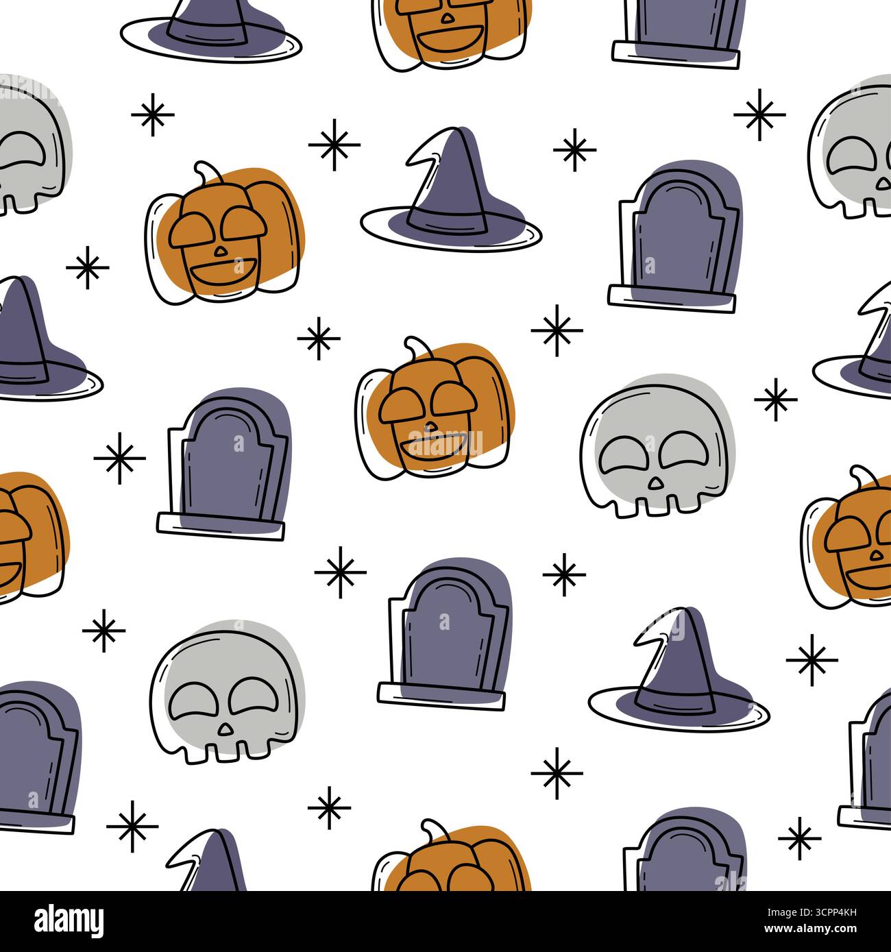 Motivo senza cuciture a tema Halloween con illustrazioni giocose di Jack o lanterne, teschi, cappelli da strega e lapidi perfette per avvolgere la carta. Illustrazione Vettoriale