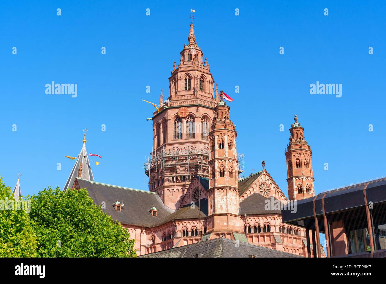 Vista ravvicinata dell'imponente torre della cattedrale di Magonza, architettura dettagliata circondata da alberi verdi vibranti, impalcature di costruzione visibili sotto la b Foto Stock