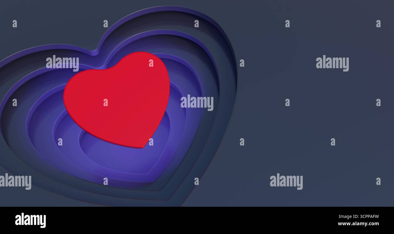Un'immagine visivamente sorprendente con un audace cuore rosso al centro. Stratificato all'interno di forme cardiache concentriche. rendering 3d. Foto Stock