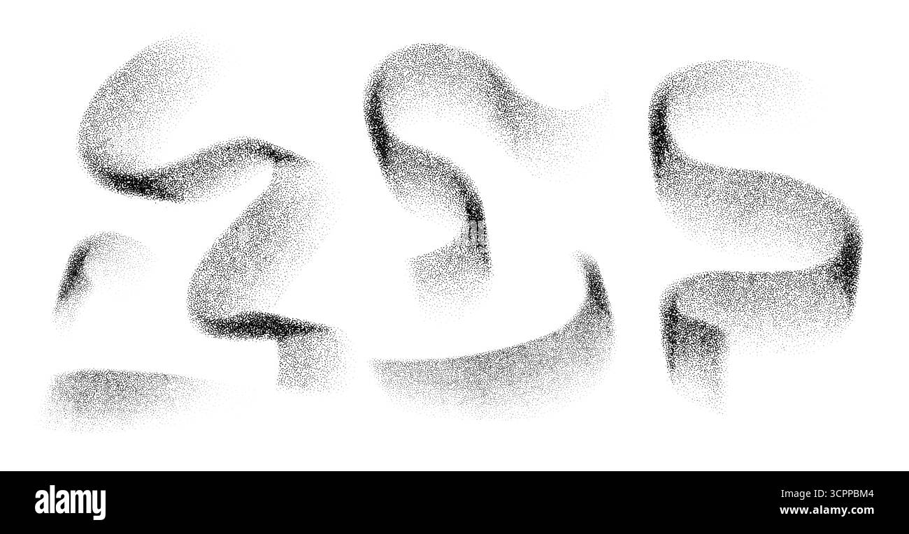 Nastri ondulati astratti con grana fotocopiata. Effetto stipple vintage mezzitoni in uno stile minimal. Elementi vettoriali in bianco e nero per poster Illustrazione Vettoriale