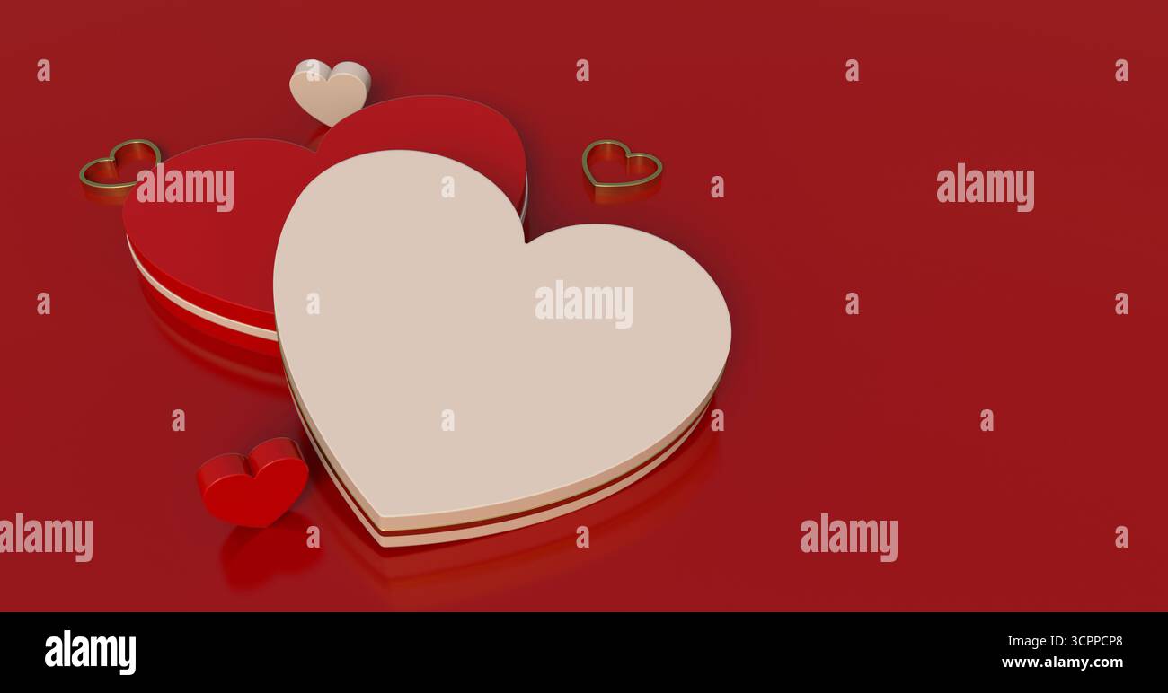 Varietà di cuori su un ricco sfondo rosso. Diverse forme e colori del cuore, che lo rendono ideale per temi romantici e celebrativi. rendering 3d. Foto Stock