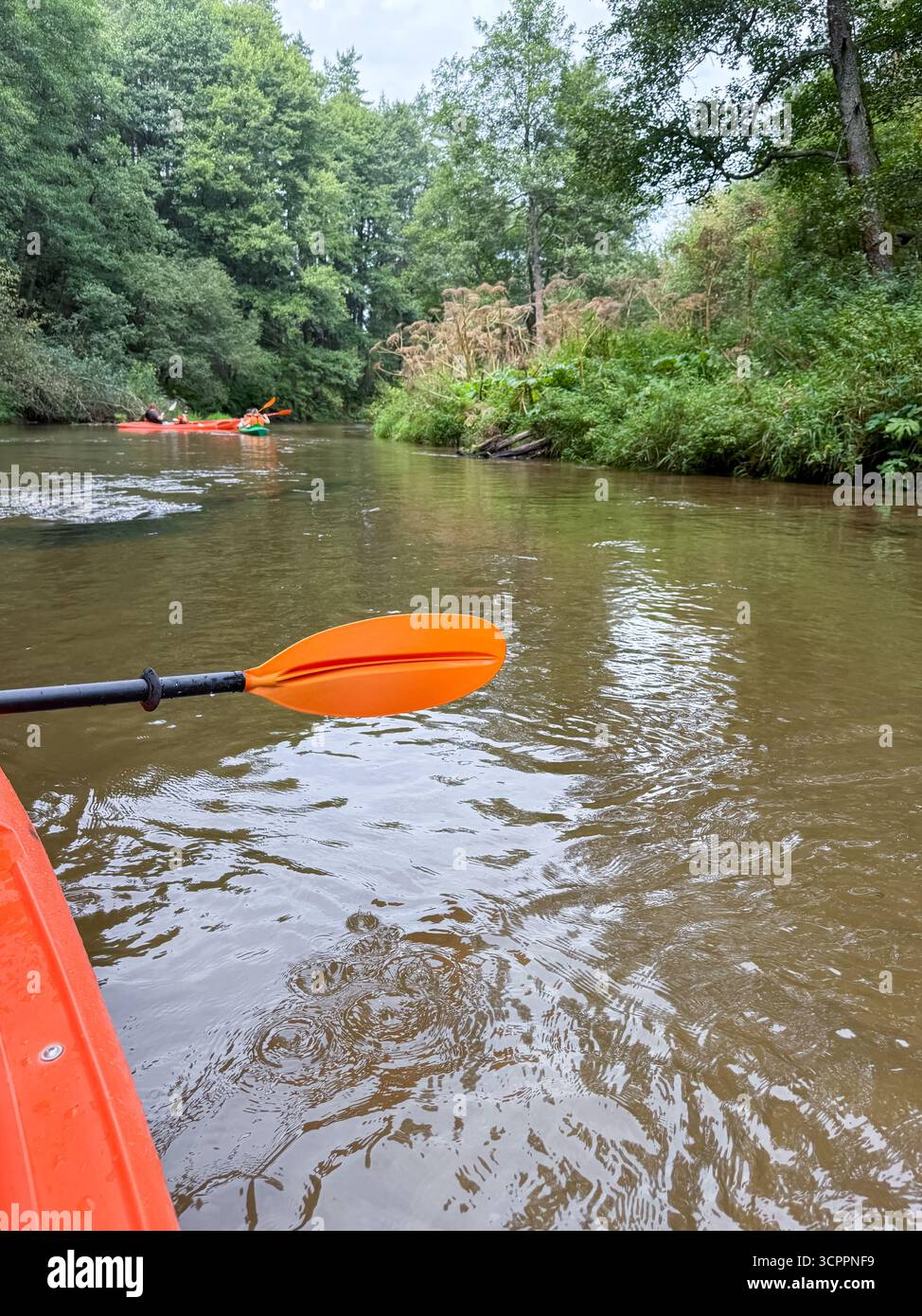 Primo piano di una pagaia e kayak su una superficie liscia del fiume, mettendo in risalto kayak, avventura all'aperto e attività ricreative in acqua nella natura - Immagine stock catturata con smartphone