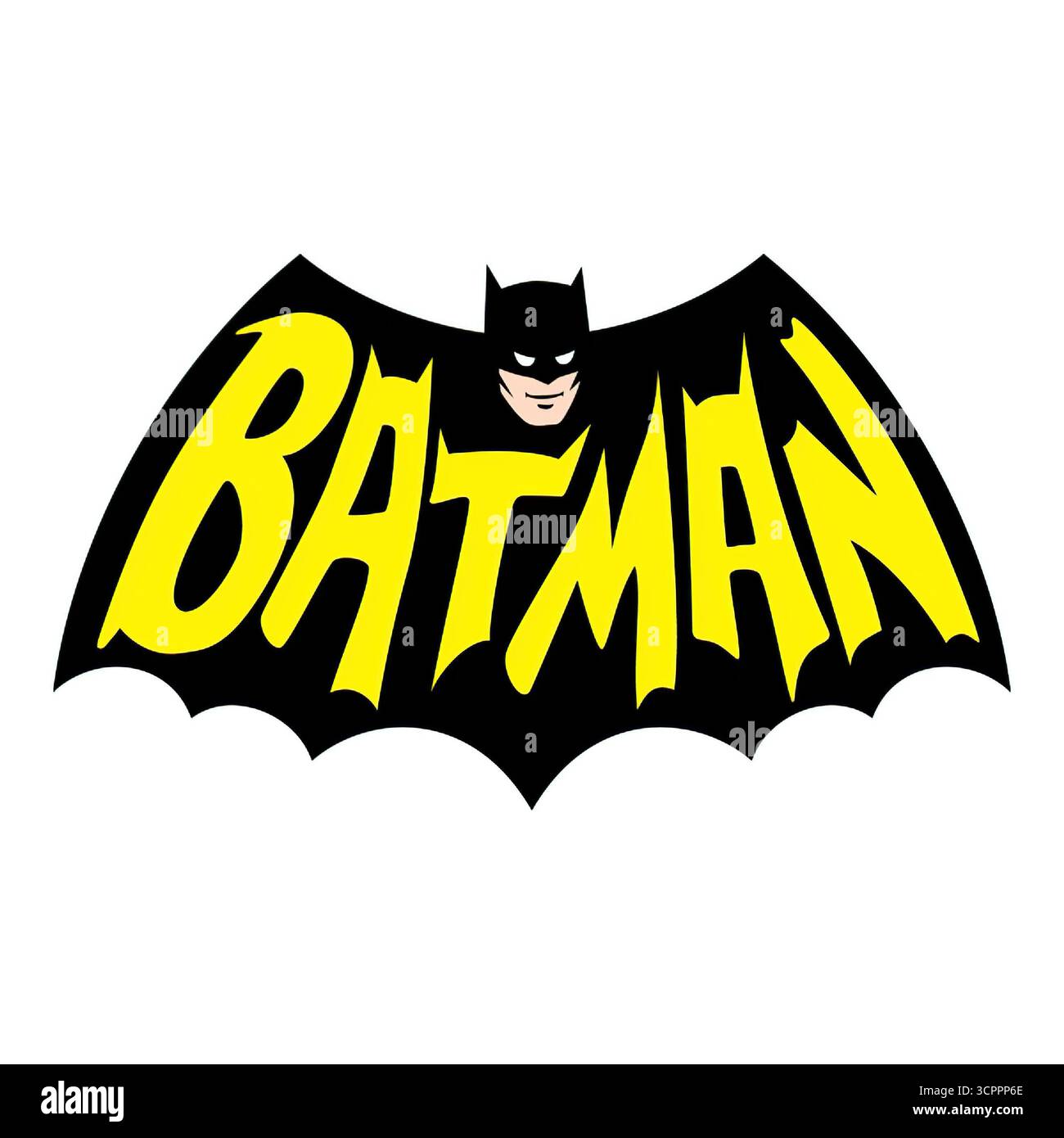Un classico e iconico logo giallo di Batman, progettato nello stile distintivo della popolare serie televisiva del 1966. Foto Stock