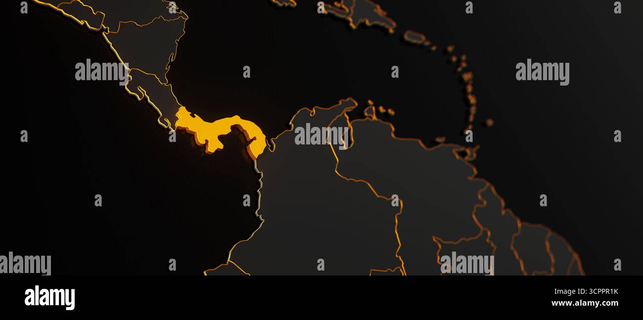 Mappa 3d Golden Panama circondata con altri paesi in nero con bordi dorati e dof poco profondi. Mappa politica dell'America centrale con confini Foto Stock
