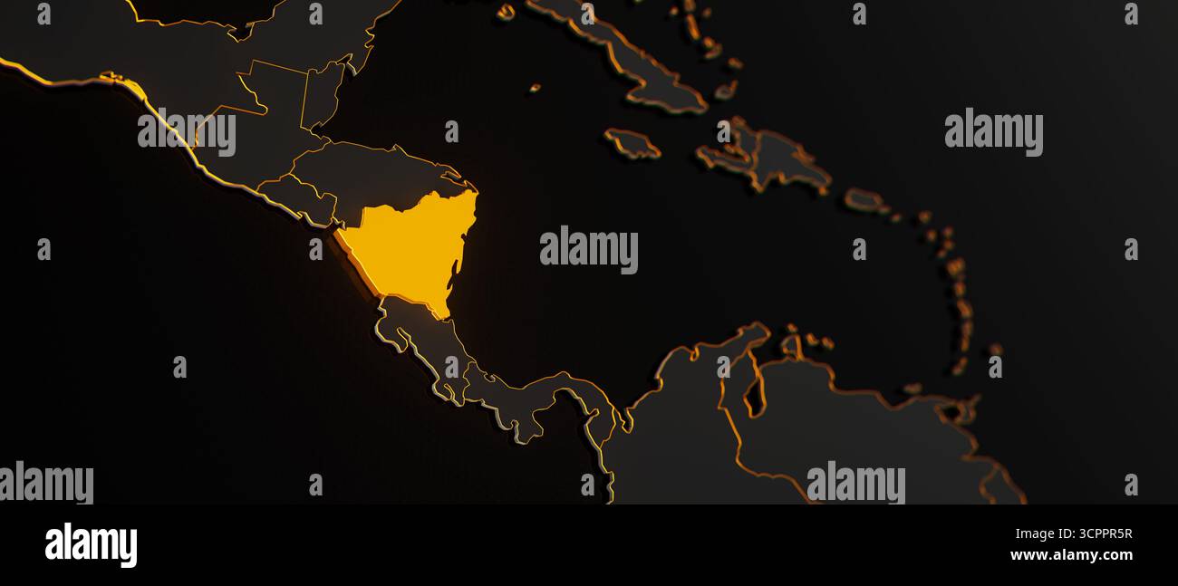 Mappa 3d dorata del Nicaragua circondata da altri paesi in nero con bordi dorati e dof poco profondo. Mappa politica dell'America centrale con confini Foto Stock