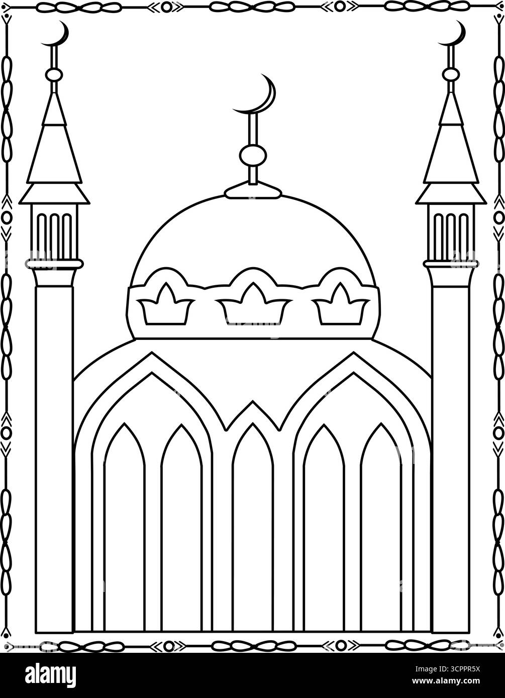 Disegno di illustrazione della moschea islamica per Ramadan Kareem e Eid Mubarak. Pagina da colorare per bambini e adulti. Illustrazione Vettoriale