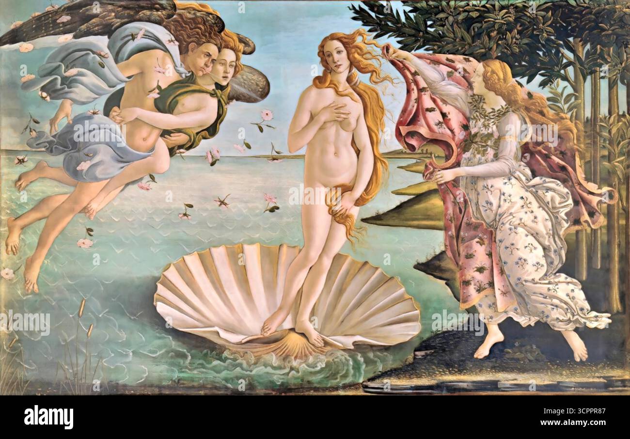Sandro Botticelli, la nascita di Venere, c.1485, capolavoro rinascimentale di bellezza mitologica. Illustrazione Vettoriale