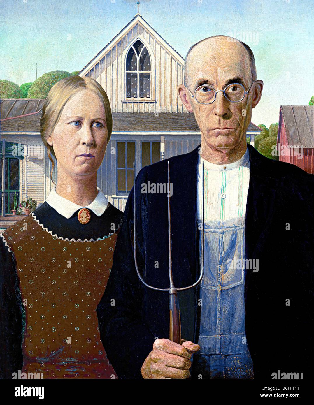 Grant Wood, American Gothic, 1930, iconico capolavoro regionalista che simboleggia il ritratto rurale. Illustrazione Vettoriale