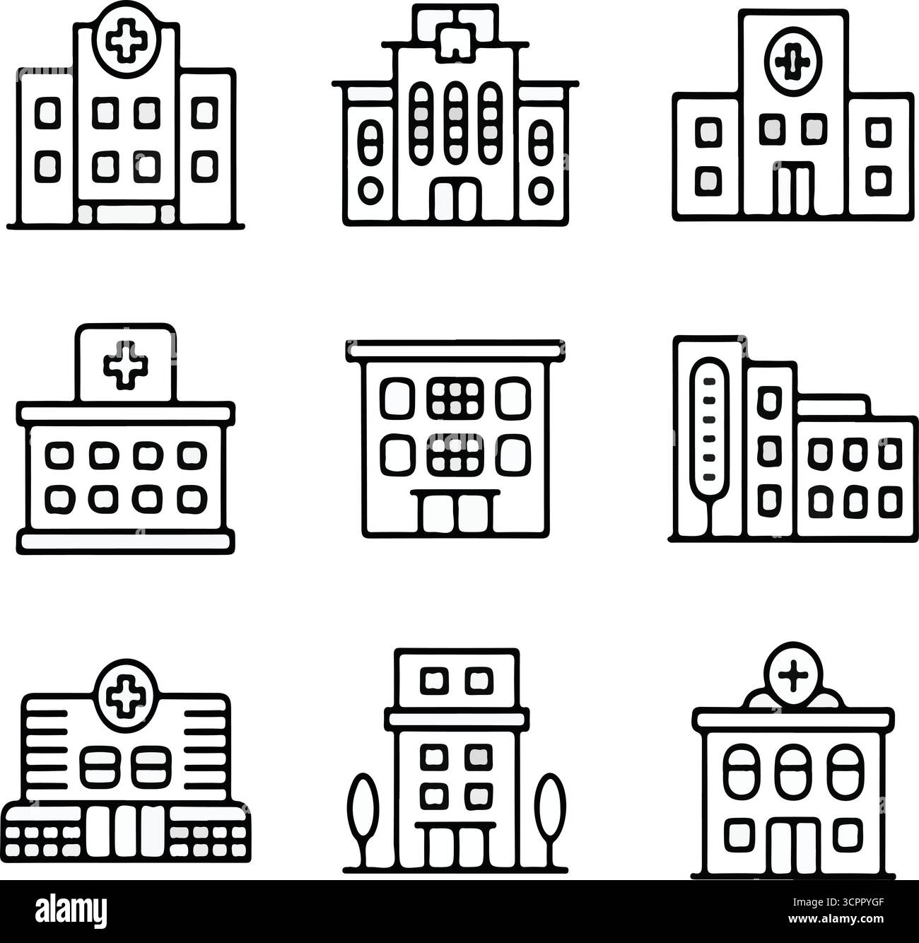 Illustrazioni del set di icone della costruzione dell'ospedale Illustrazione Vettoriale