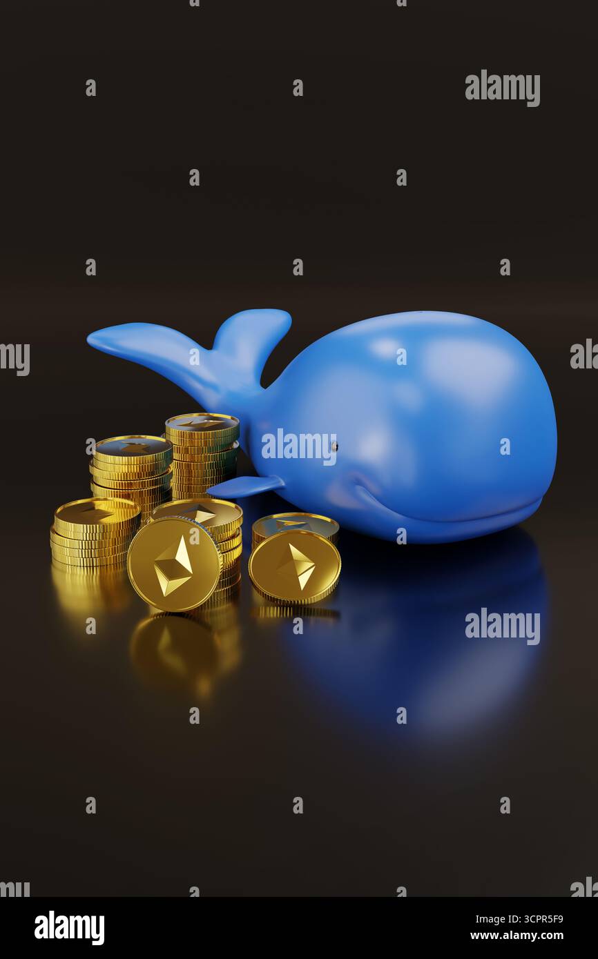 Balena cartoni animati con monete di etere su sfondo nero. illustrazione 3d. Foto Stock