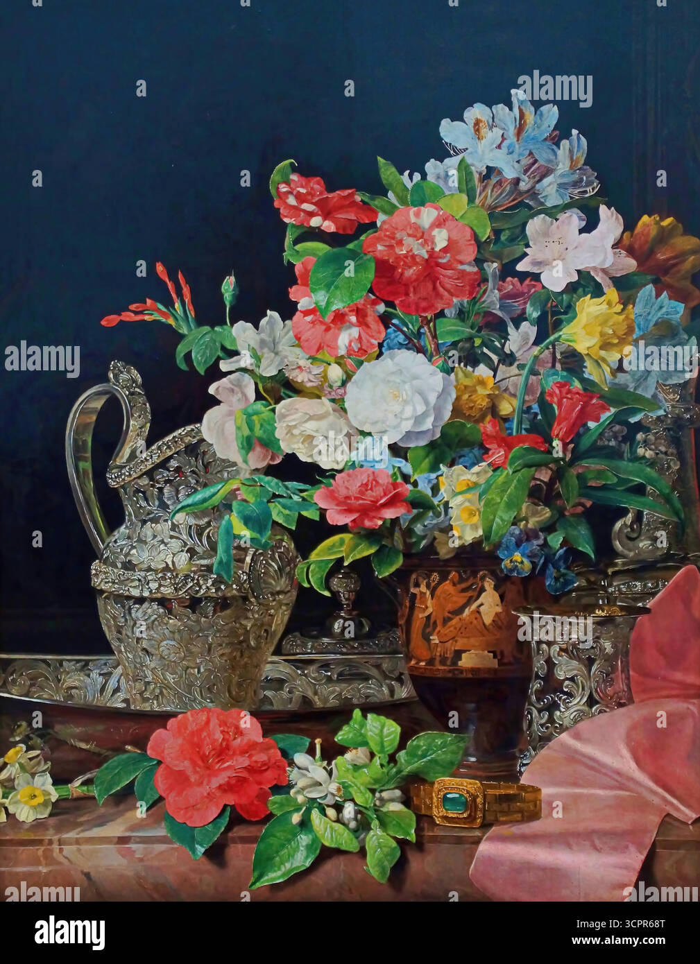 Ferdinand Georg Waldmüller, bouquet con vasi d'argento e vaso d'antiquariato, 1840. Illustrazione Vettoriale