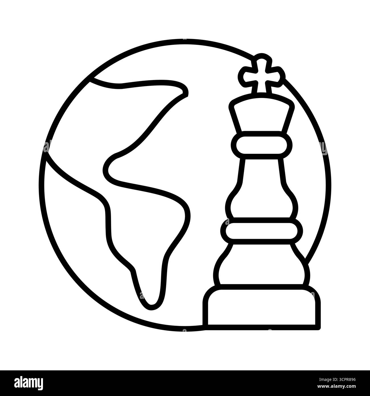 Pezzo da scacchi con icona a forma di globo. Strategia globale e potenza aziendale. Relazioni internazionali, successo aziendale e processi decisionali a livello mondiale. Illustrazione Vettoriale