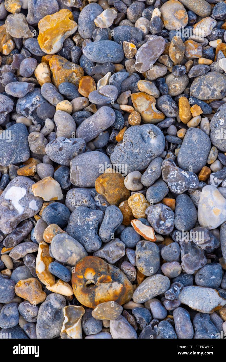 Pietre colorate sparse lungo la riva, che mostrano una varietà di texture e sfumature in un ambiente naturale costiero Foto Stock