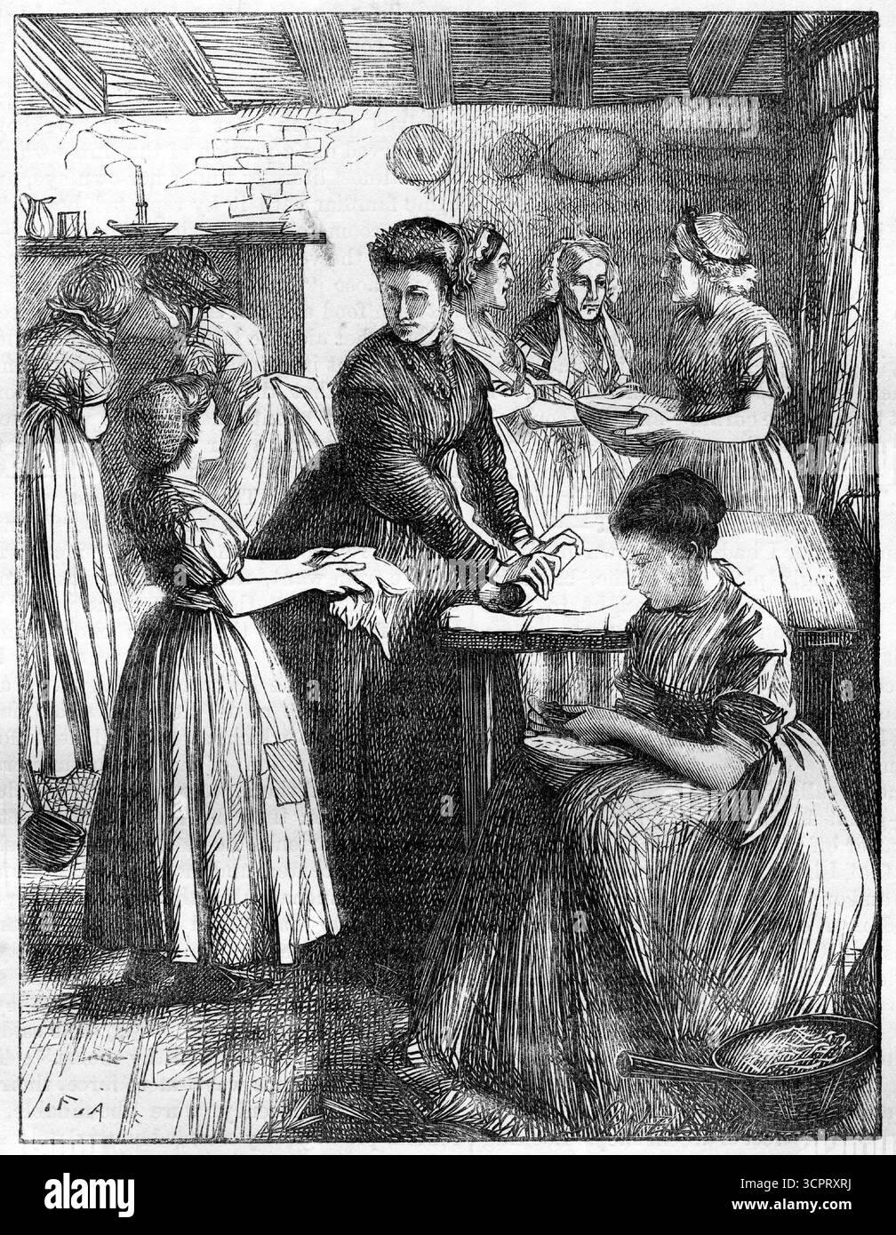 Incisione di un gruppo di donne che lavorano in una cucina, pubblicato nel 1869 Foto Stock