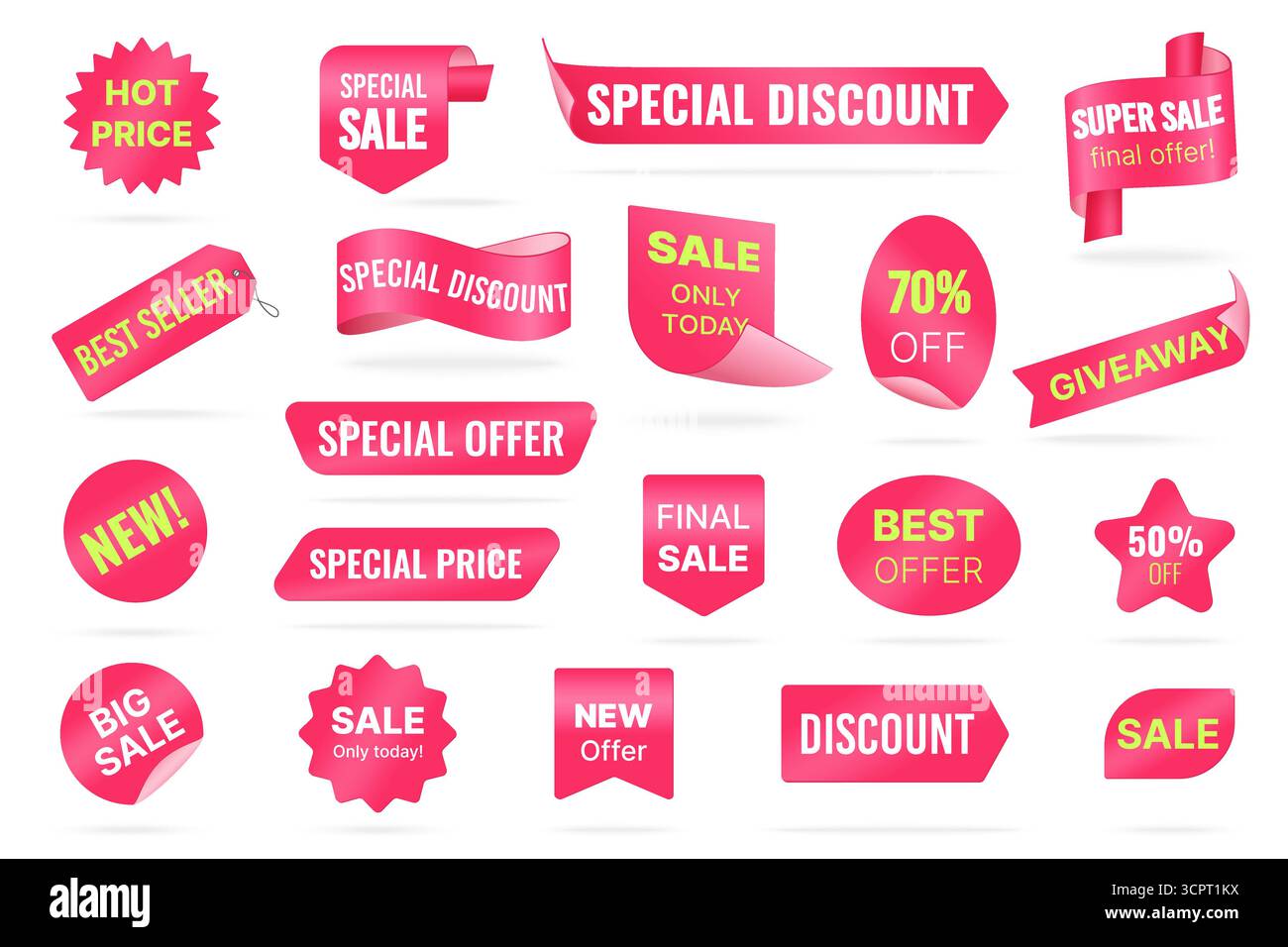 Etichette rosse di vendite nuove e calde, adesivi promozionali di forme diverse con set di testo. Immagine vettoriale della collezione di banner promozionali BEST seller e prezzo speciale di prodotti, sconti e omaggi Illustrazione Vettoriale