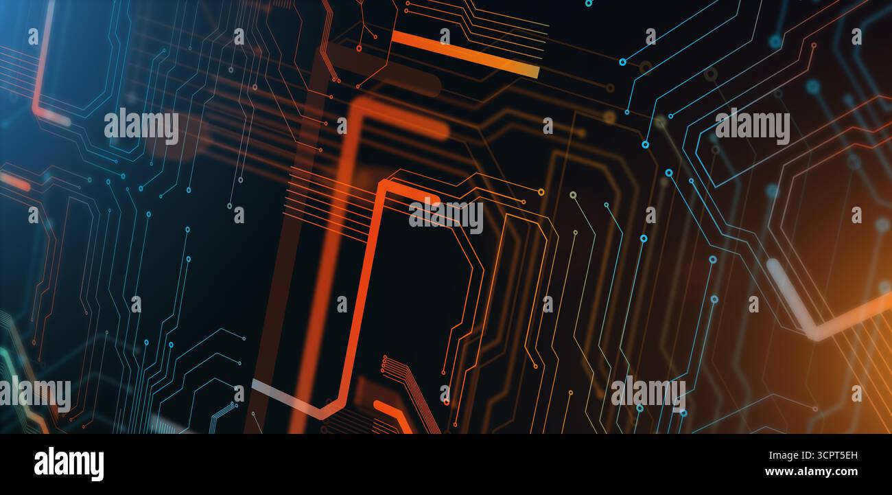 Sfondo tecnologico astratto con linee e puntini colorati di microcircuiti, illustrazione futuristica creativa Foto Stock