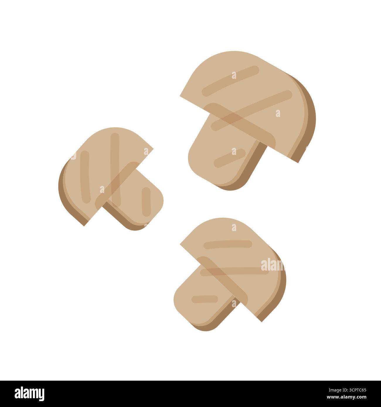 Fette di champignon appena mature. Illustrazione vettoriale delle verdure in un semplice stile piatto. Pezzi di funghi crudi commestibili, gustosi, deliziosi. Illustrazione Vettoriale