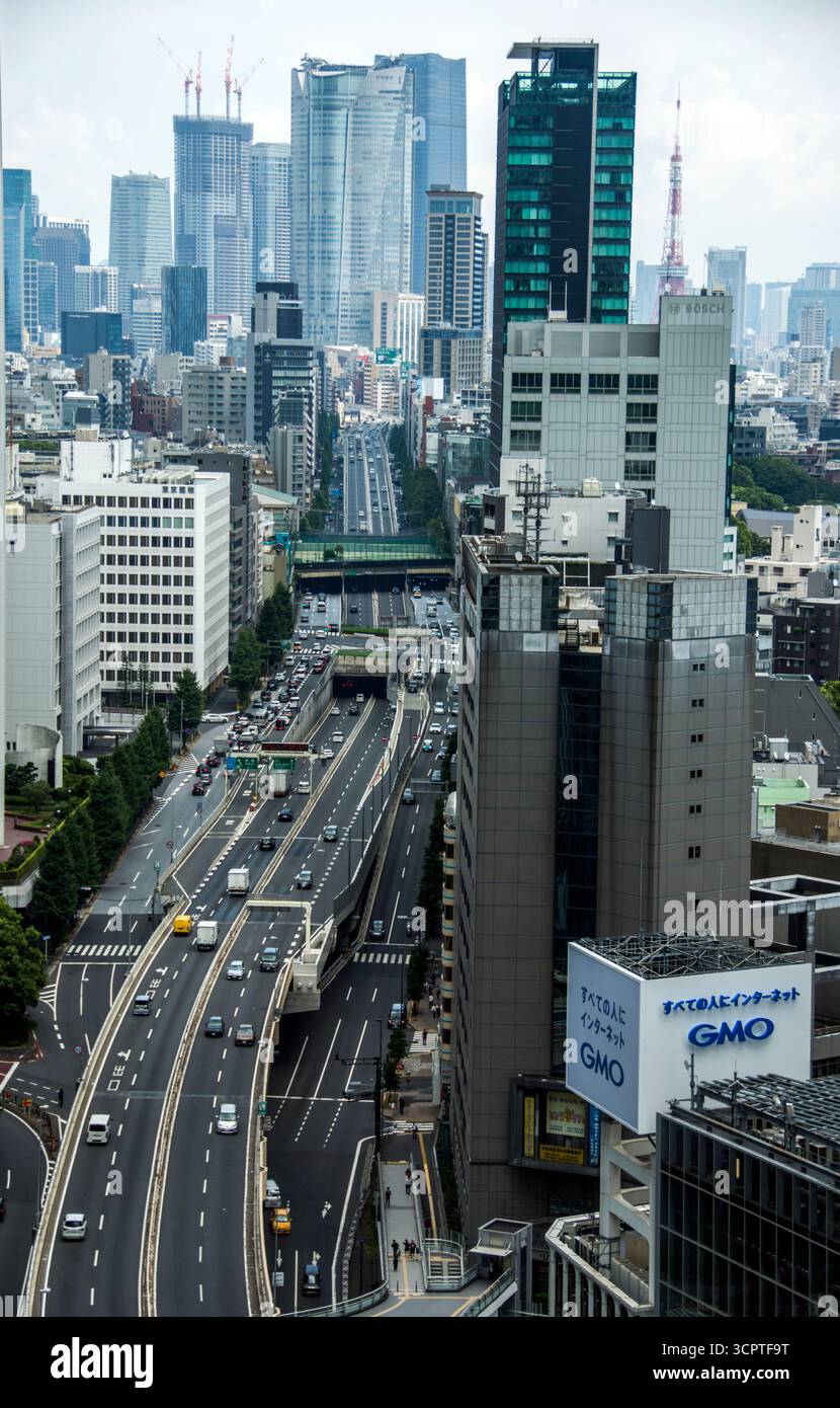 Paesaggio urbano di Tokyo, Shuto Expressway Shibuya Route (Route 3), in lontananza ci sono le colline Roppongi e la Tokyo Tower Foto Stock