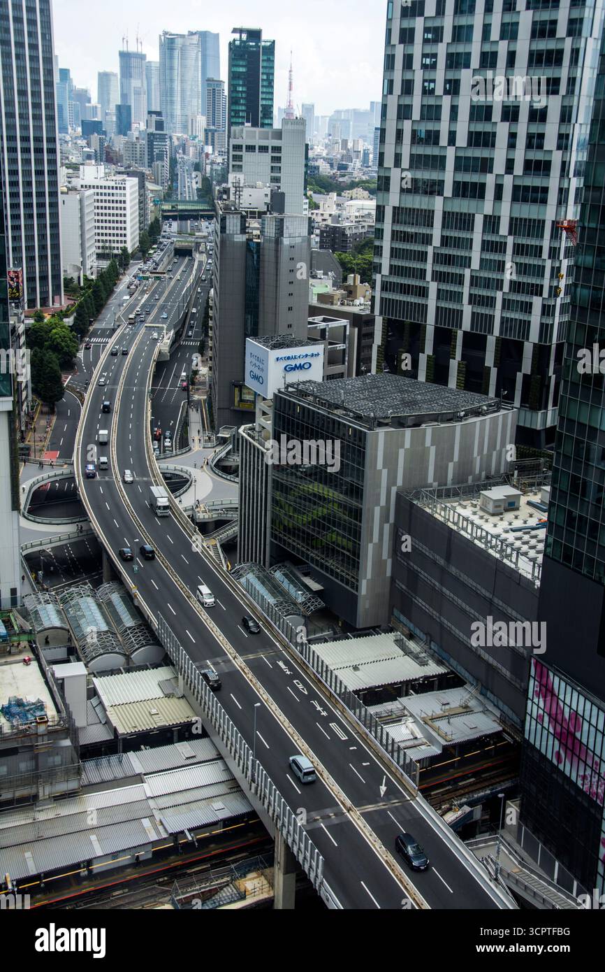 Paesaggio urbano di Tokyo, Shuto Expressway Shibuya Route (Route 3), in lontananza ci sono le colline Roppongi e la Tokyo Tower Foto Stock