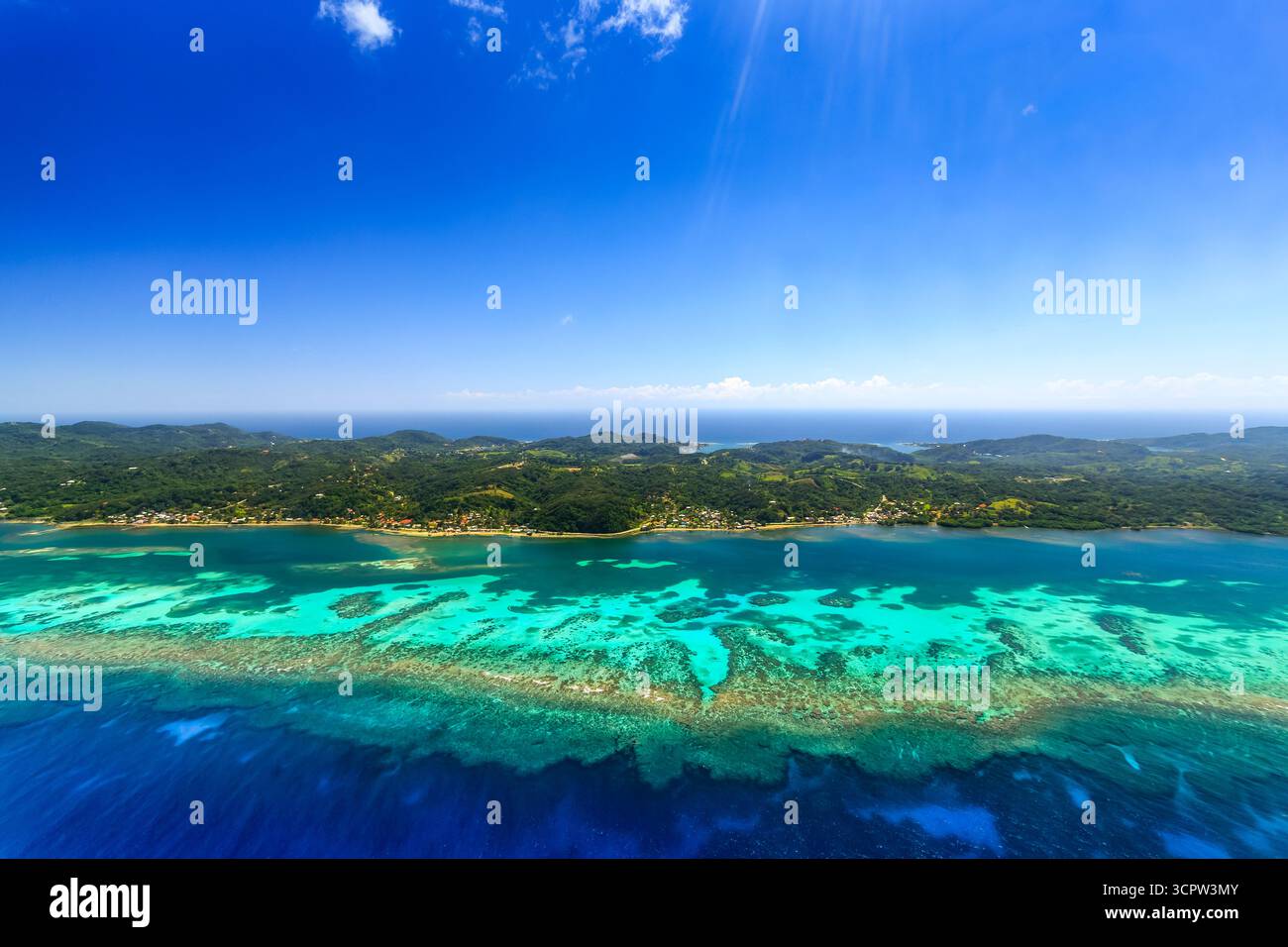 Una vista aerea cattura le vibranti acque turchesi di una barriera corallina che incontra la lussureggiante costa verde di un'isola sotto un cielo azzurro cristallino, mostrando la bellezza naturale e la diversità ecologica di un paradiso tropicale. Foto Stock