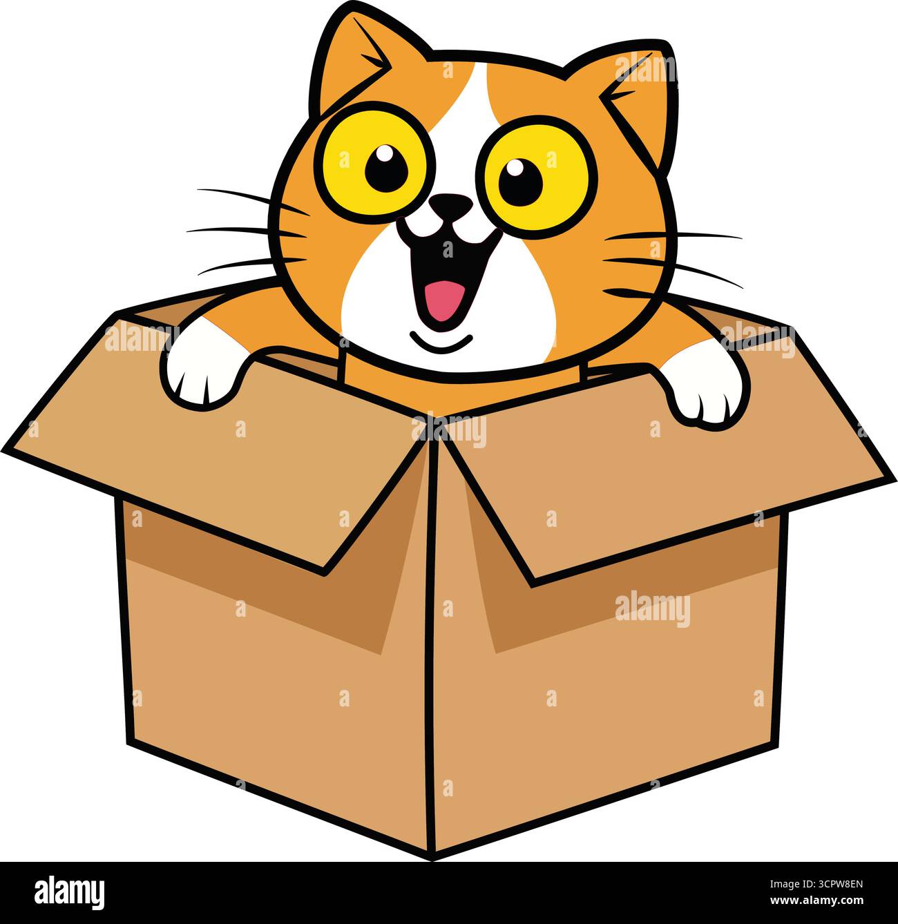 Gatto con una bocca larga che esce da una scatola di cartone, una giocosa illustrazione vettoriale per animali e animali Illustrazione Vettoriale