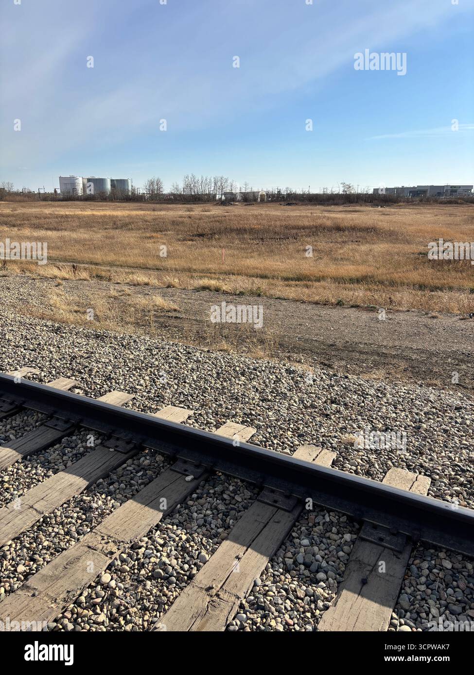 I binari ferroviari tagliano attraverso una prateria dorata con silos in lontananza. Foto Stock I binari ferroviari tagliano attraverso una prateria dorata con silos in lontananza. Foto Stock