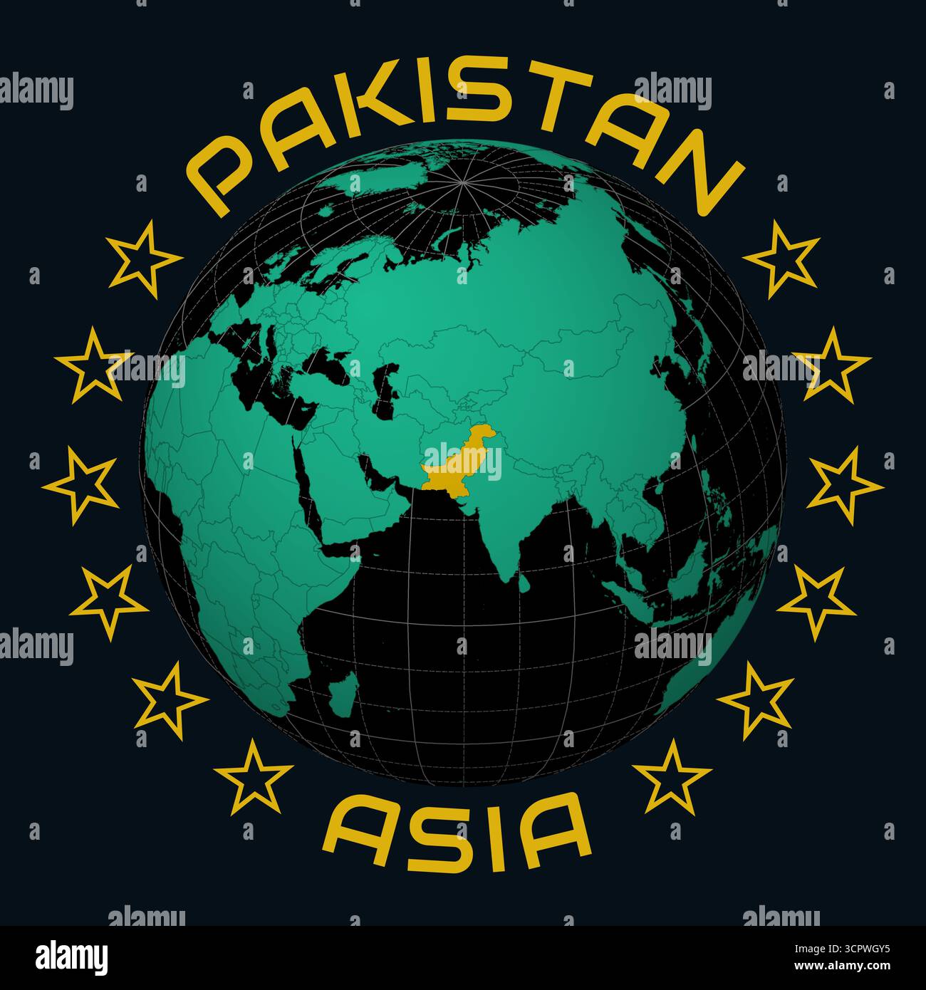 Repubblica Islamica del Pakistan su Globe. Arrotondare il testo del nome del paese e del continente. Vista paese sulla mappa del mondo con tavolozza dei colori Black Emerald. Illustrazione Vettoriale