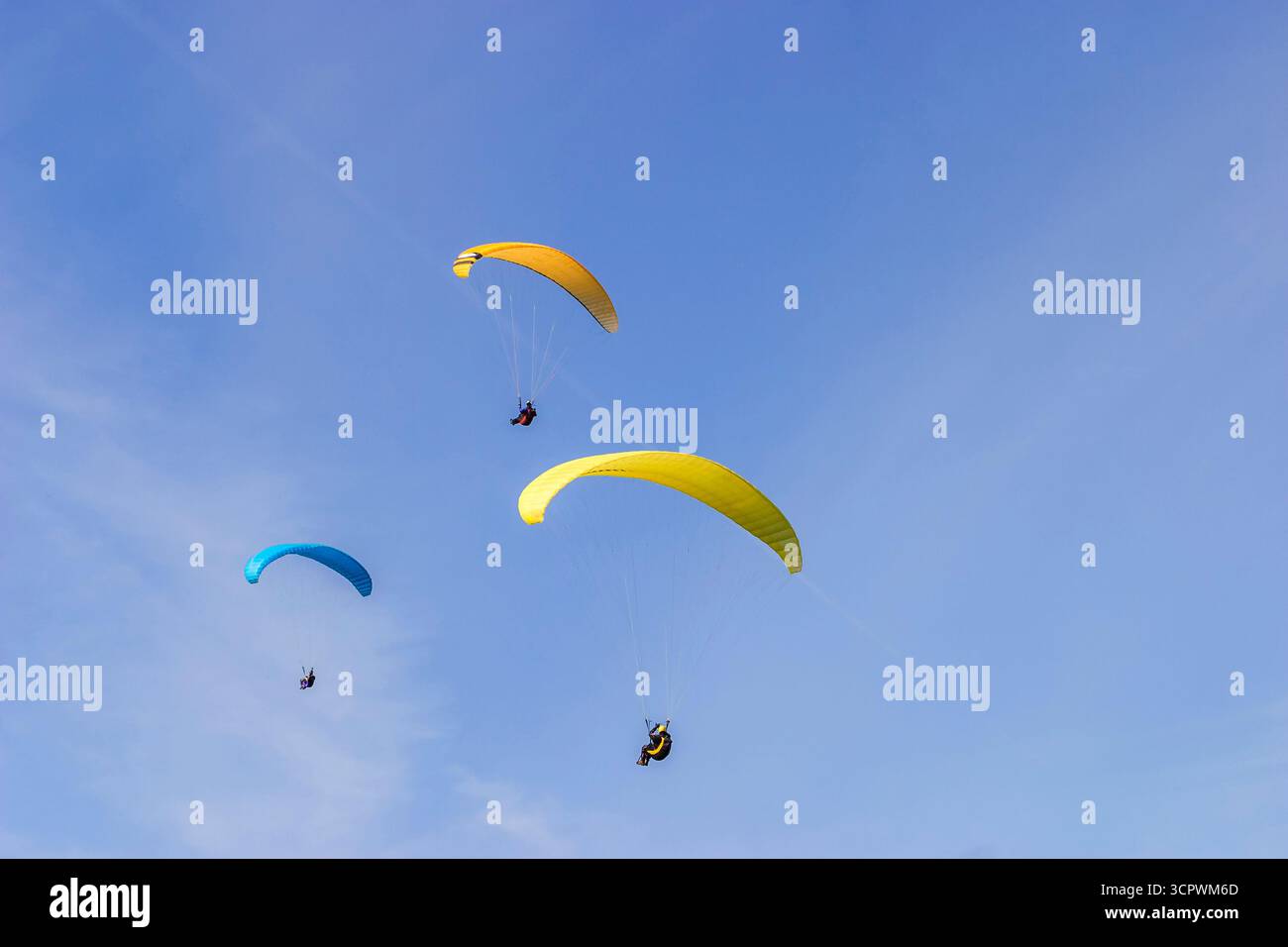 Gruppo con parapendio in cielo Foto Stock
