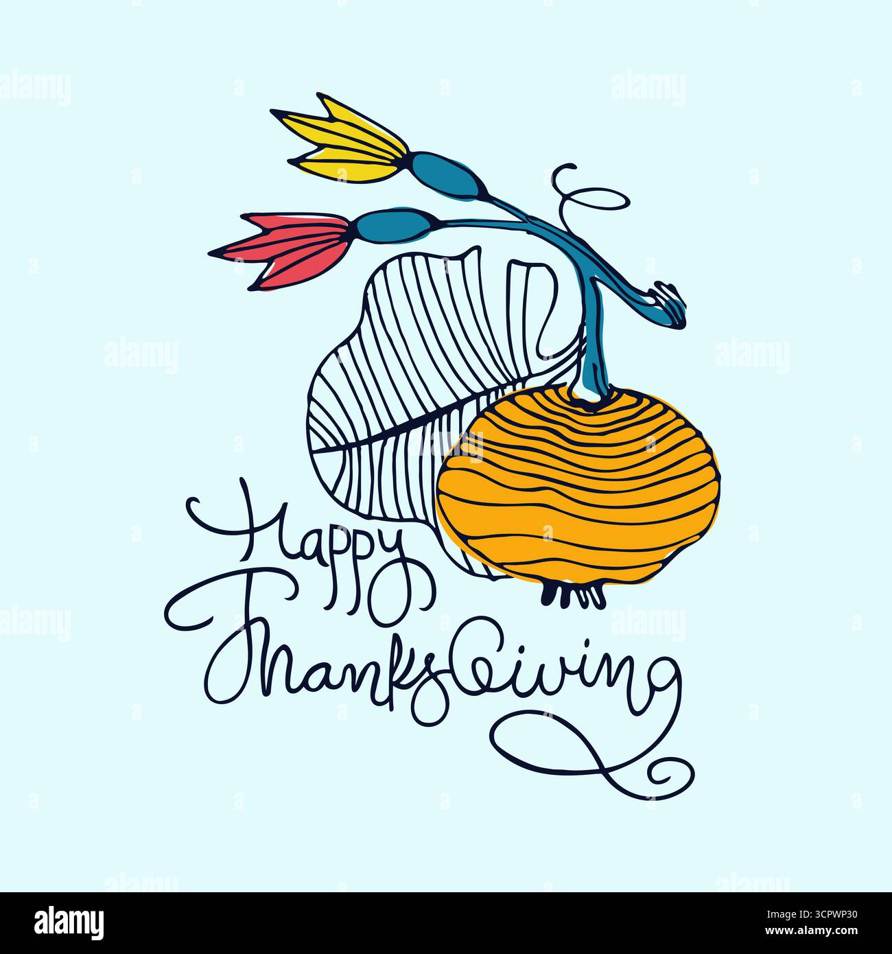 Biglietto di auguri per il giorno del Ringraziamento. Illustrazione vettoriale disegnata a mano, lettere a mano Illustrazione Vettoriale