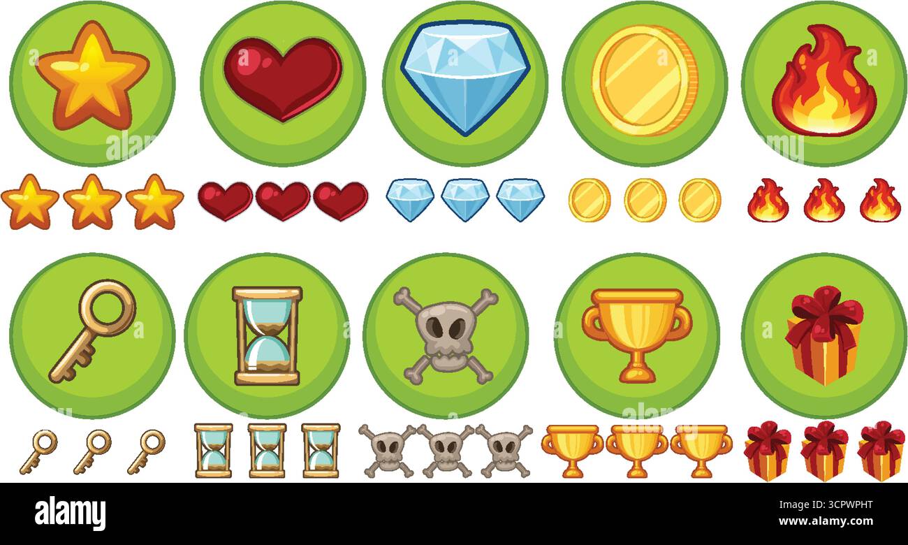 Illustrazione vettoriale di icone di ricompensa di gioco tra cui stelle, cuori, diamanti, monete, fuoco, e trofei Illustrazione Vettoriale