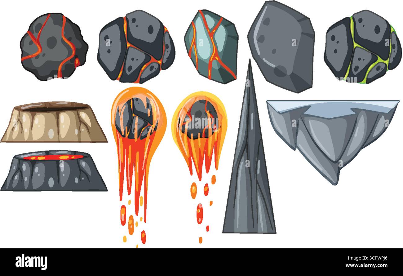 Rocce vulcaniche cartoni animati, meteore di lava, crateri e piattaforme di pietra in vibrante stile vettoriale Illustrazione Vettoriale