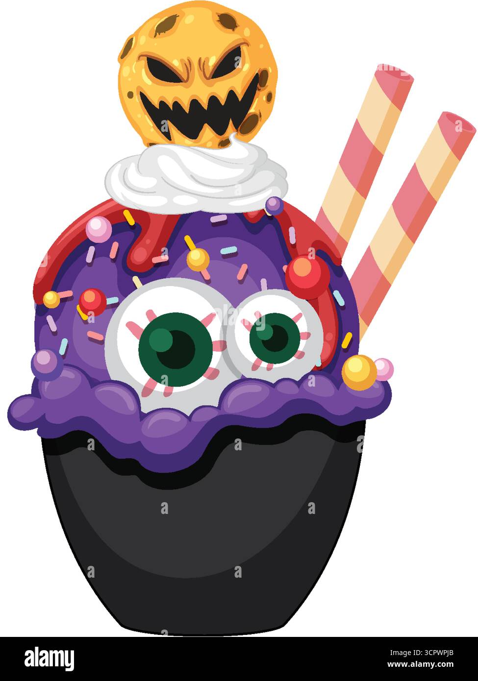 Spaventoso vettore di Halloween con palline oculari caramellate, glassa viola, bastoncini di wafer e biscotto di zucca. Illustrazione Vettoriale