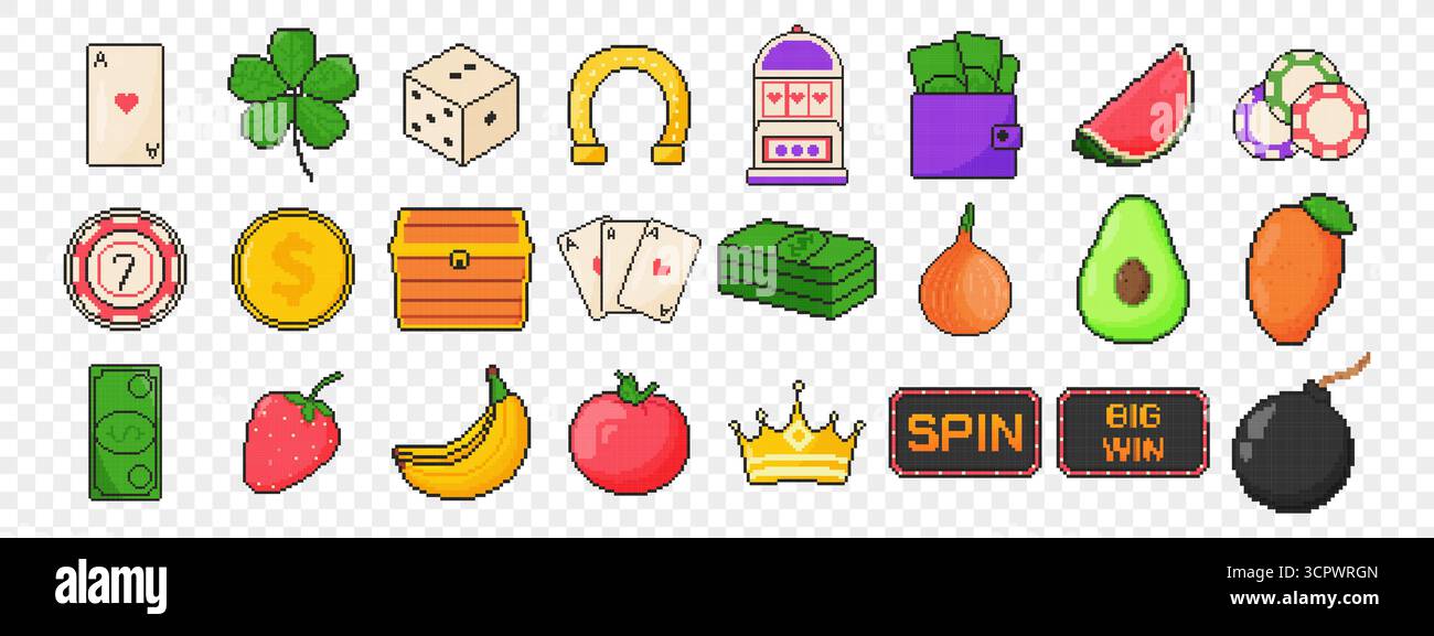 set di icone slot machine a 8 bit. Oggetto pixel art. Grafica di gioco vintage Old School. Trifoglio, monete, dadi, carta da gioco, frutta, horseshoe, corona, slot mac Illustrazione Vettoriale