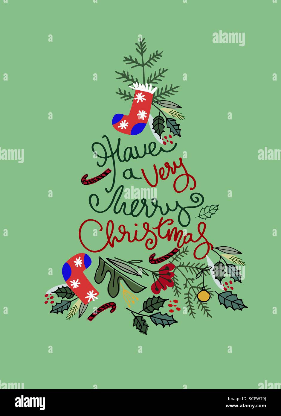 Biglietto di auguri di Natale. Albero di Natale con calze natalizie, rami agrifoglio, ornamenti e saluti scritti a mano Illustrazione Vettoriale