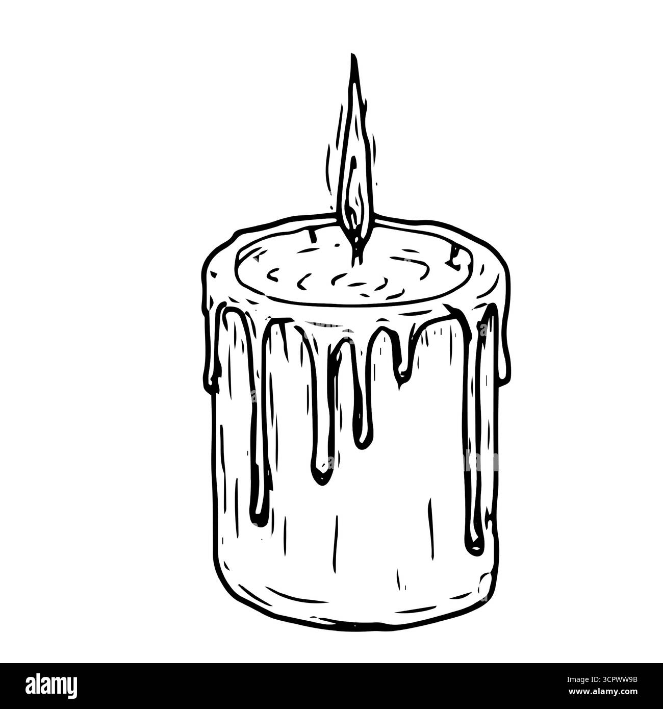 Candela di cera con uno schizzo di fiamma in bianco e nero. Illustrazione vettoriale. Candele spalmate con uno stoppino, isolate su sfondo bianco. Tema di Christma Illustrazione Vettoriale