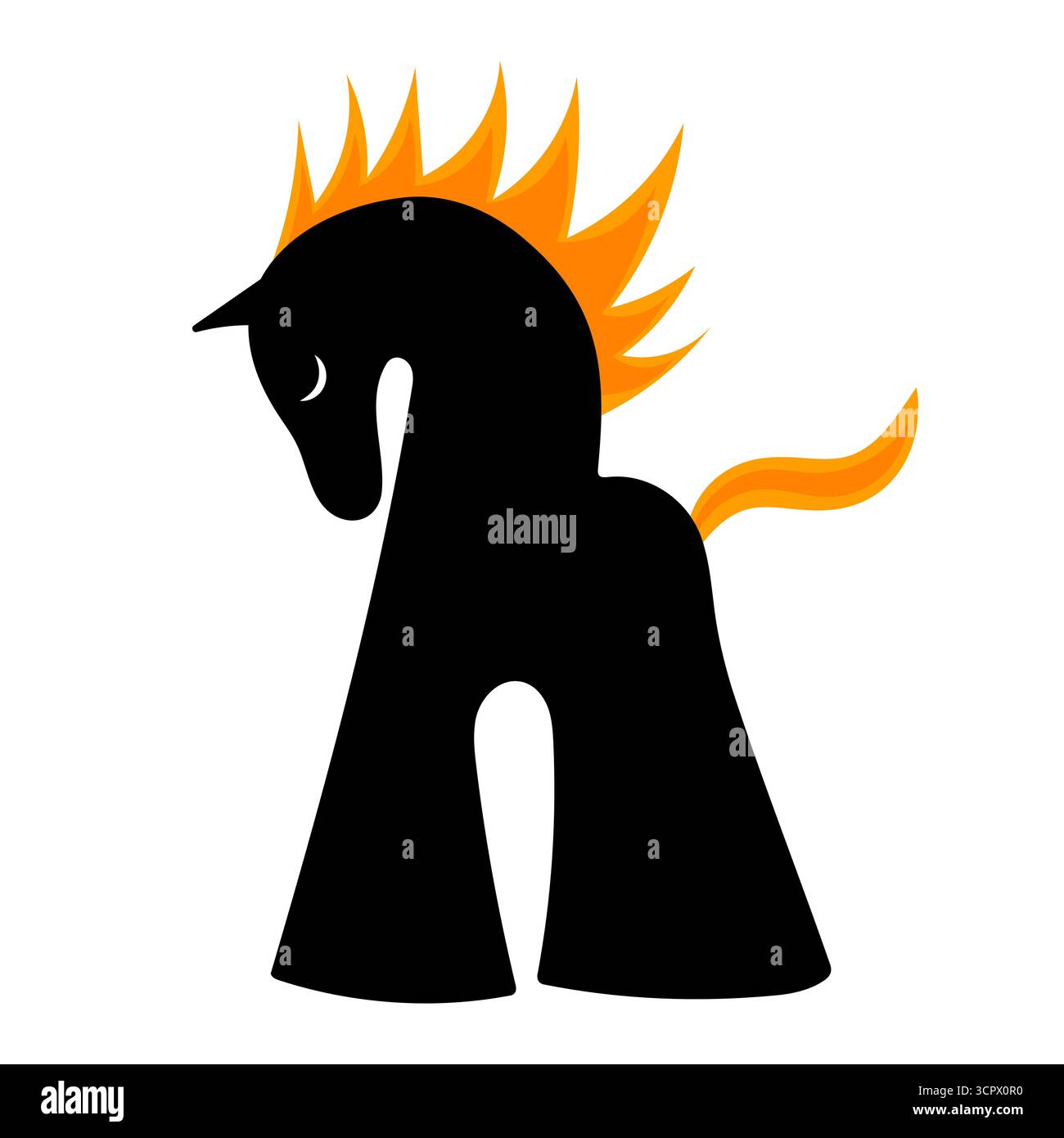 Silhouette Fiery Horse. Il cavallo nero presenta una criniera arancione ardente a forma di fiamme e una coda arancione brillante, che gli conferisce un aspetto potente. Illustrazione Vettoriale