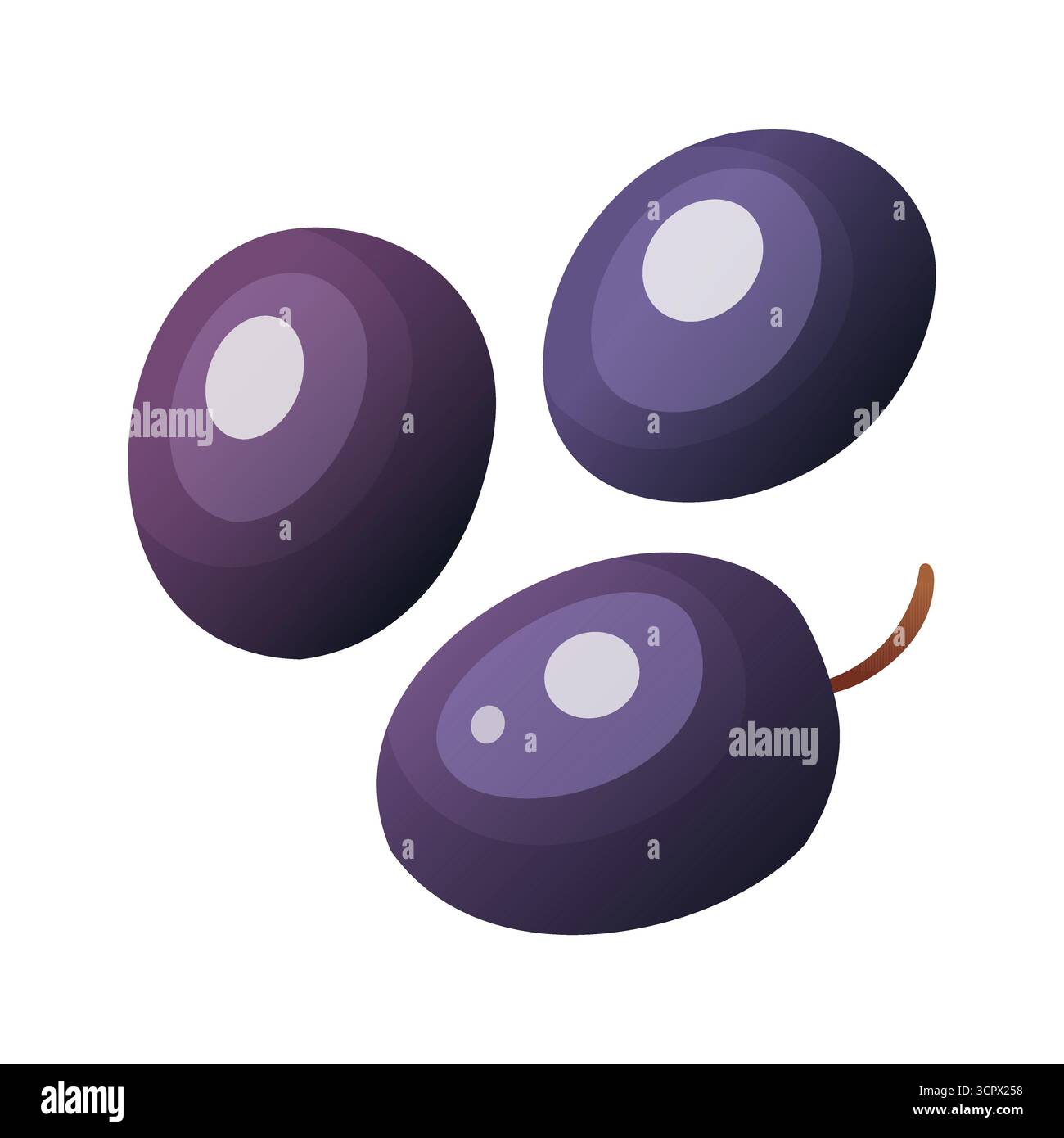 Gruppo di tre frutti di bacche di uva viola in stile cartoni vettoriali. Succulento elemento per la raccolta autunnale in un design divertente. Ottimo per la carta del Ringraziamento o per l'autunno Illustrazione Vettoriale