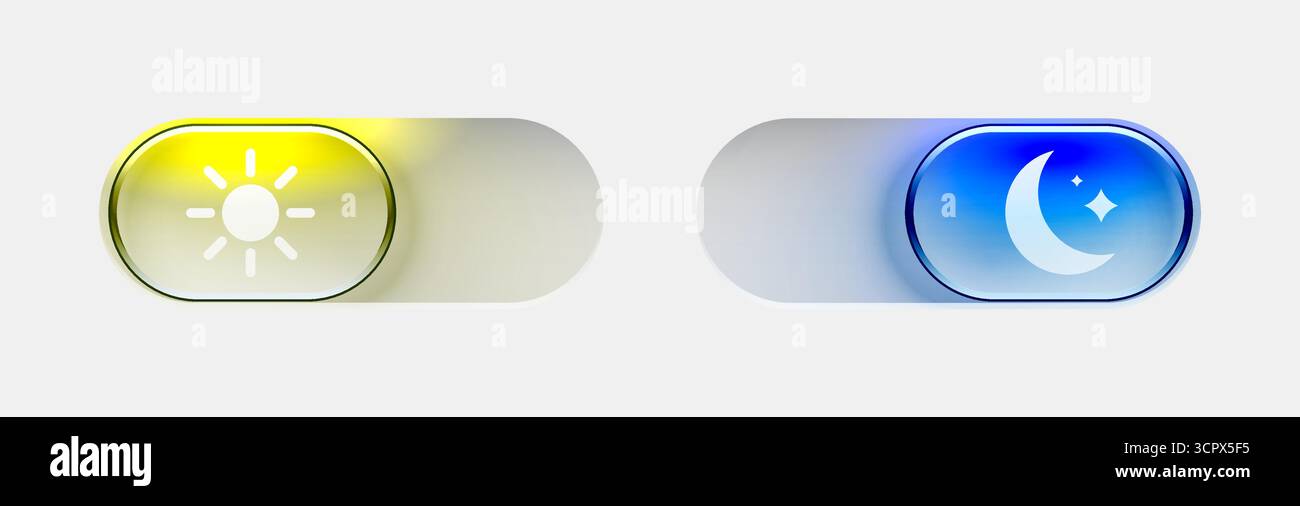 Modalità buio e modalità luce. Moderno set di pulsanti in vetro liquido. Progettazione dei materiali. Pulsante di commutazione della modalità giorno e notte. Illustrazione vettoriale. Illustrazione Vettoriale