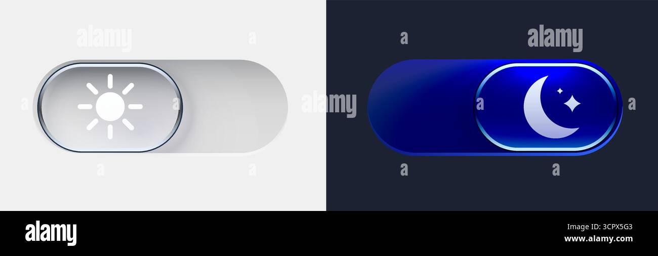 Modalità buio e modalità luce. Moderno set di pulsanti in vetro liquido. Progettazione dei materiali. Pulsante di commutazione della modalità giorno e notte. Illustrazione vettoriale. Illustrazione Vettoriale