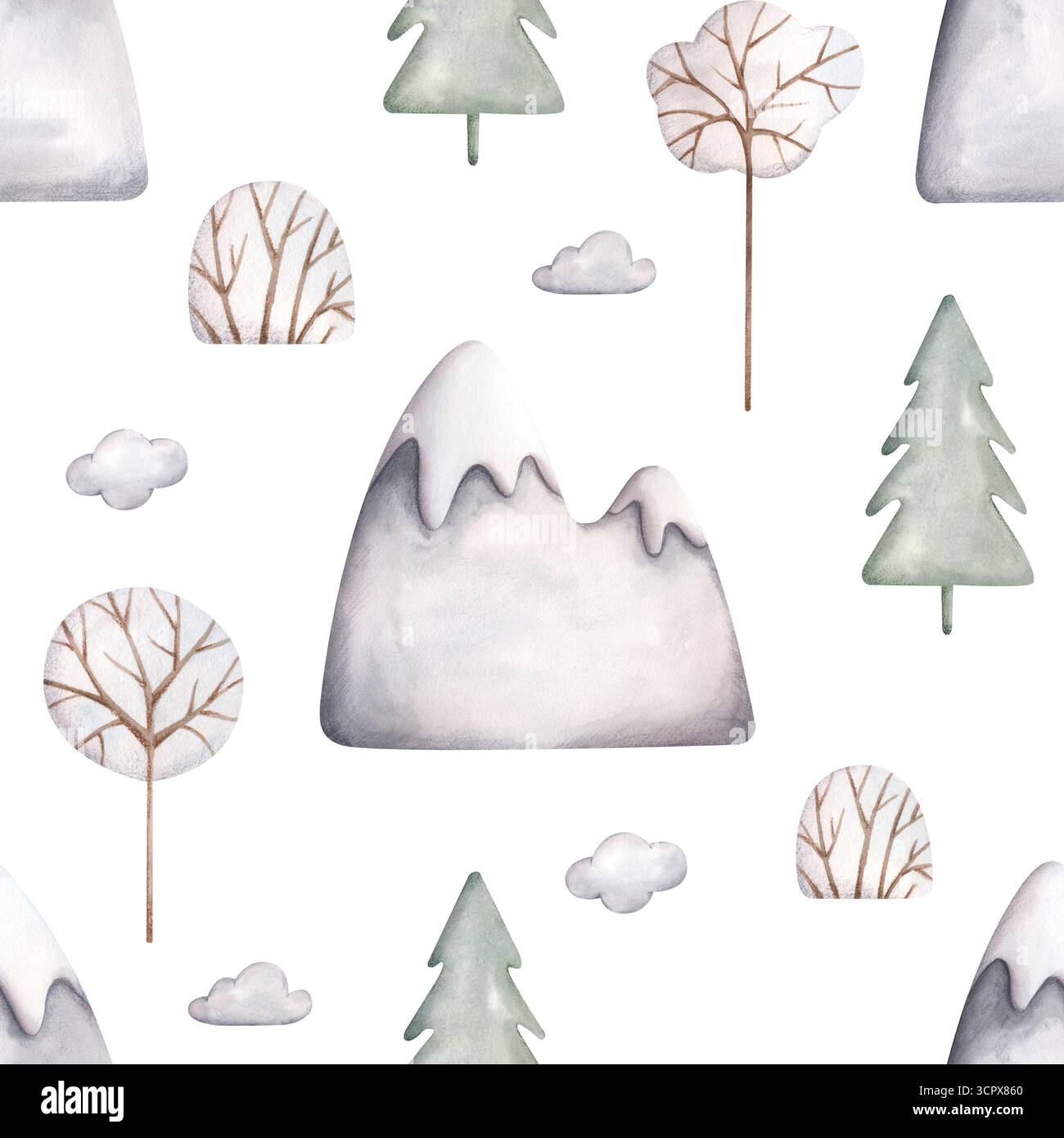 Acquerello disegnato a mano senza cuciture con montagne innevate grigie e alberi invernali. Carino cartoni animati per bambini. Foto Stock