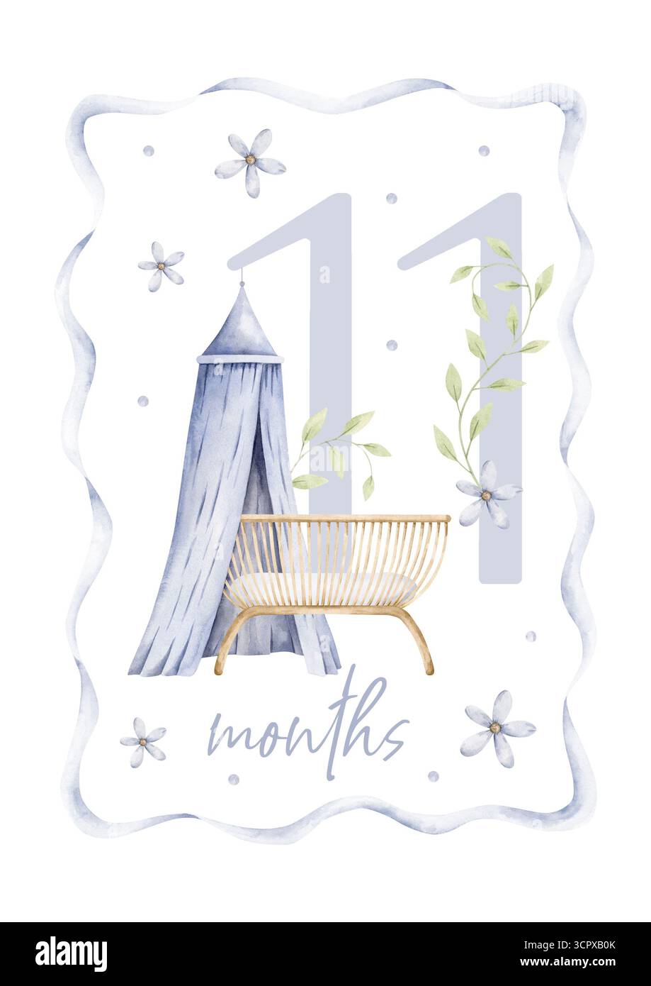 E' un bambino. Biglietti mensili con numeri di acquerello disegnati a mano con culla in vimini per neonato, baldacchino, fiori blu e nastro ondulato. Undici mesi. Monthl. Bambino Foto Stock