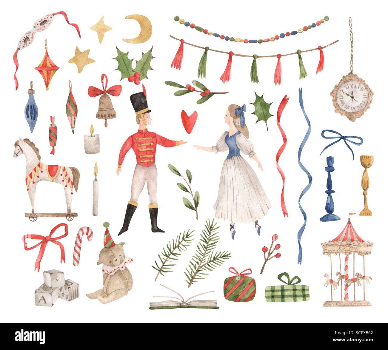 Lo Schiaccianoci. Clip art di natale disegnata a mano ad acquerello. Stravaganti illustrazioni natalizie per inviti di design, biglietti d'auguri, tessuti, tessuti, ecc. Foto Stock