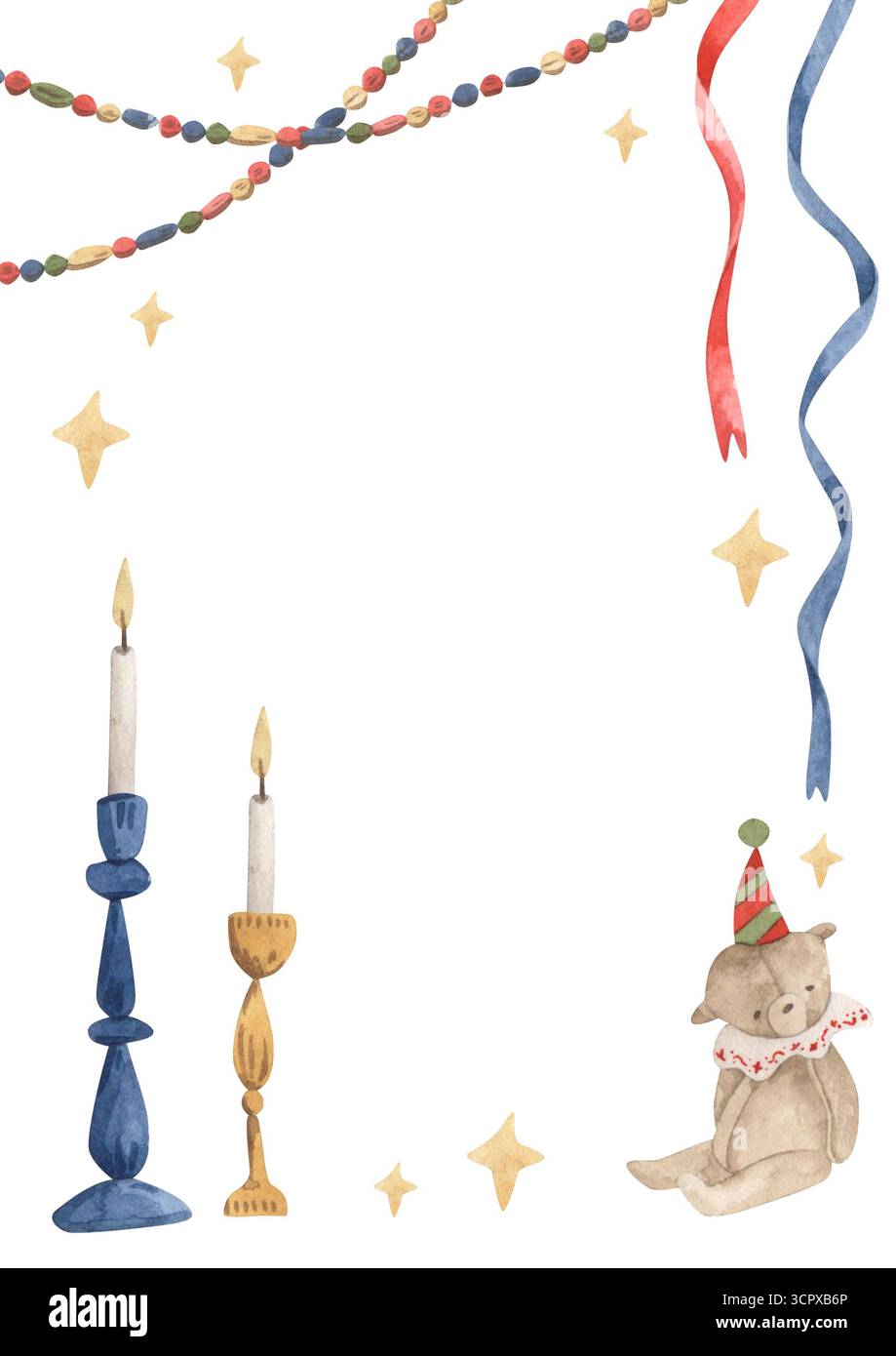 Lo Schiaccianoci. Modello di acquerello disegnato a mano con schiaccianoci, giocattoli, portacandele, ghirlanda e stelle. Stravagante biglietto di natale per un invito al design Foto Stock