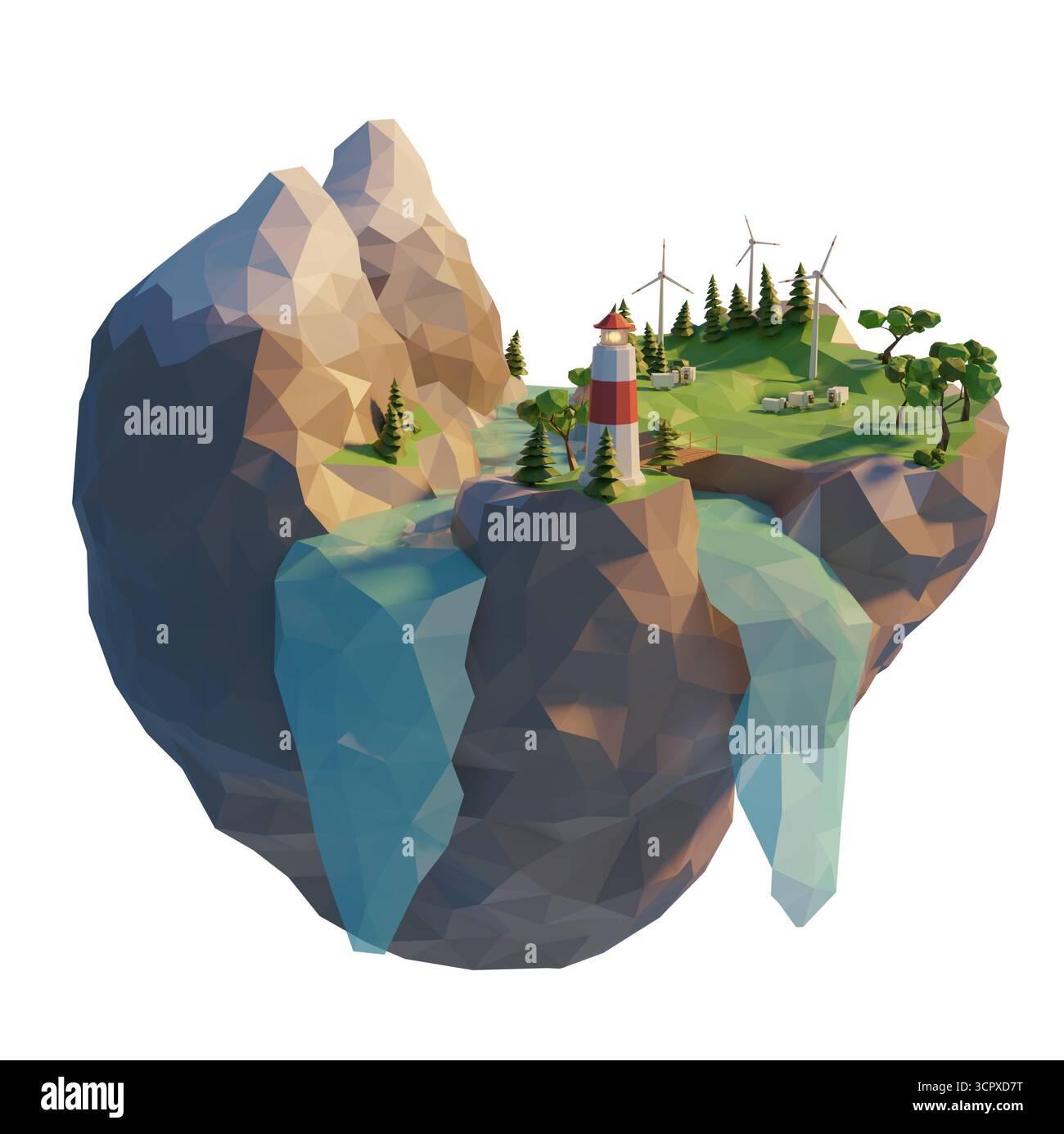 Generazione di energia pulita in stile 3d a basso contenuto di poli. Turbina eolica galleggiante dell'isola. Montagna con fiume e alberi. illustrazione di rendering 3d. Foto Stock