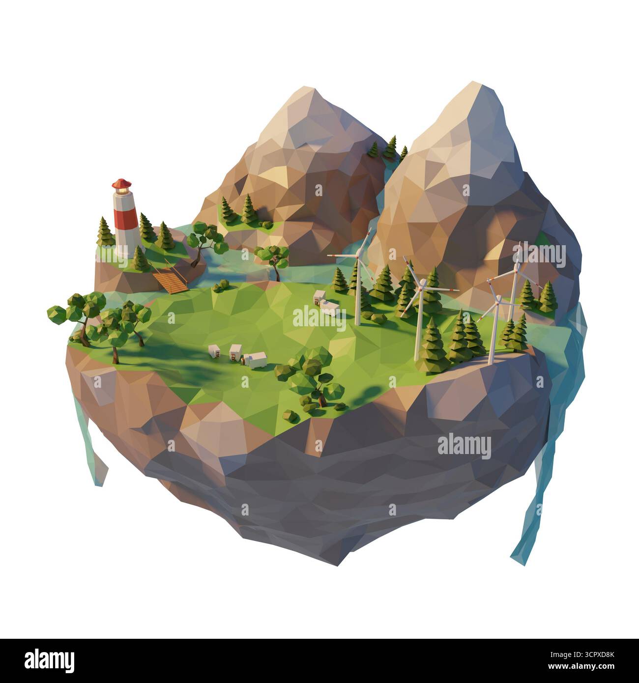 Concetto di ecologia energia verde rinnovabile in stile 3d a basso contenuto di poli. Turbina eolica galleggiante dell'isola. Montagna con fiume e alberi. illustrazione di rendering 3d. Foto Stock