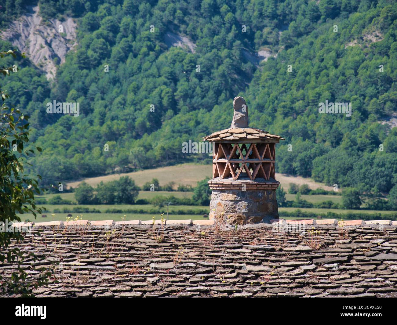 Camino di pietra del villaggio di montagna sul tetto piastrellato - camino tradizionale su un tetto di piastrelle di ardesia con sfondo montano boscoso in una giornata di sole. Foto Stock