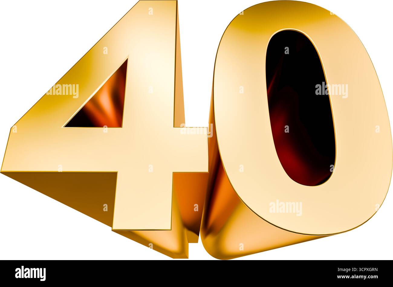 Visualizzazione grandangolare del numero 40 in lettere 3d dorate su sfondo bianco puro per una migliore separazione. Risorsa grafica. Concetto di compleanno o anniversario. Foto Stock
