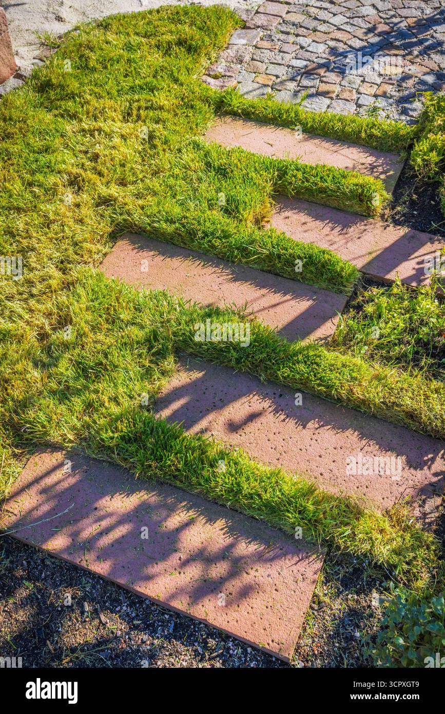 Sentiero con grandi lastre di pietra attraverso un giardino splendidamente piantato Foto Stock